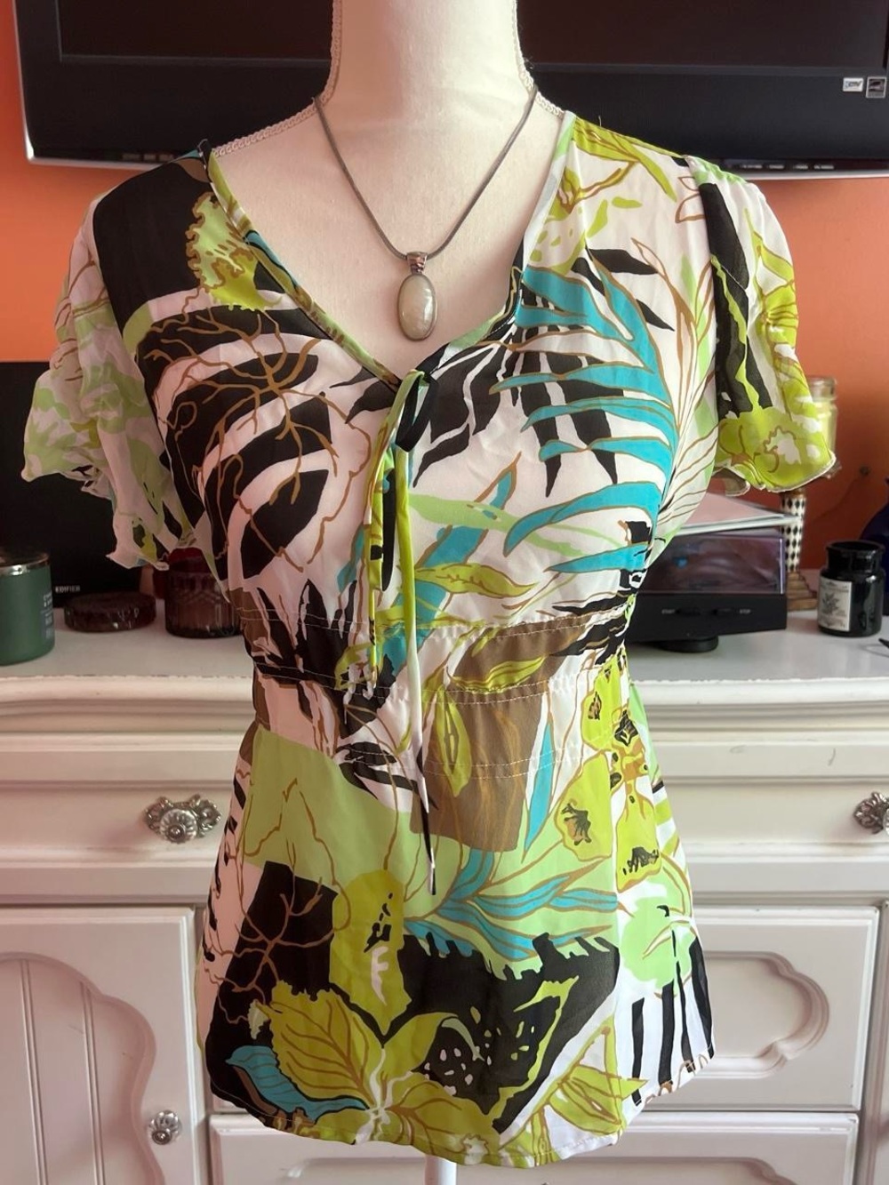 Tropical Printed V-Neck Blouse in Green, Blue and Black